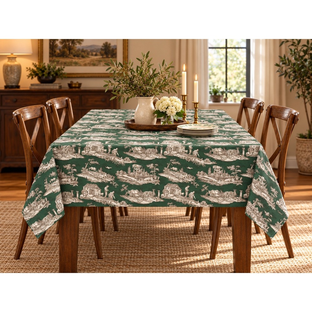 Williams Sonoma Green Toile Tablecloth 68x108 Cotton Country Pastoral Italy